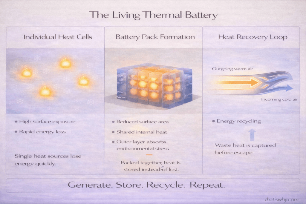 Infographic showing clustered heat sources forming a battery-like structure with insulation and heat recovery loop