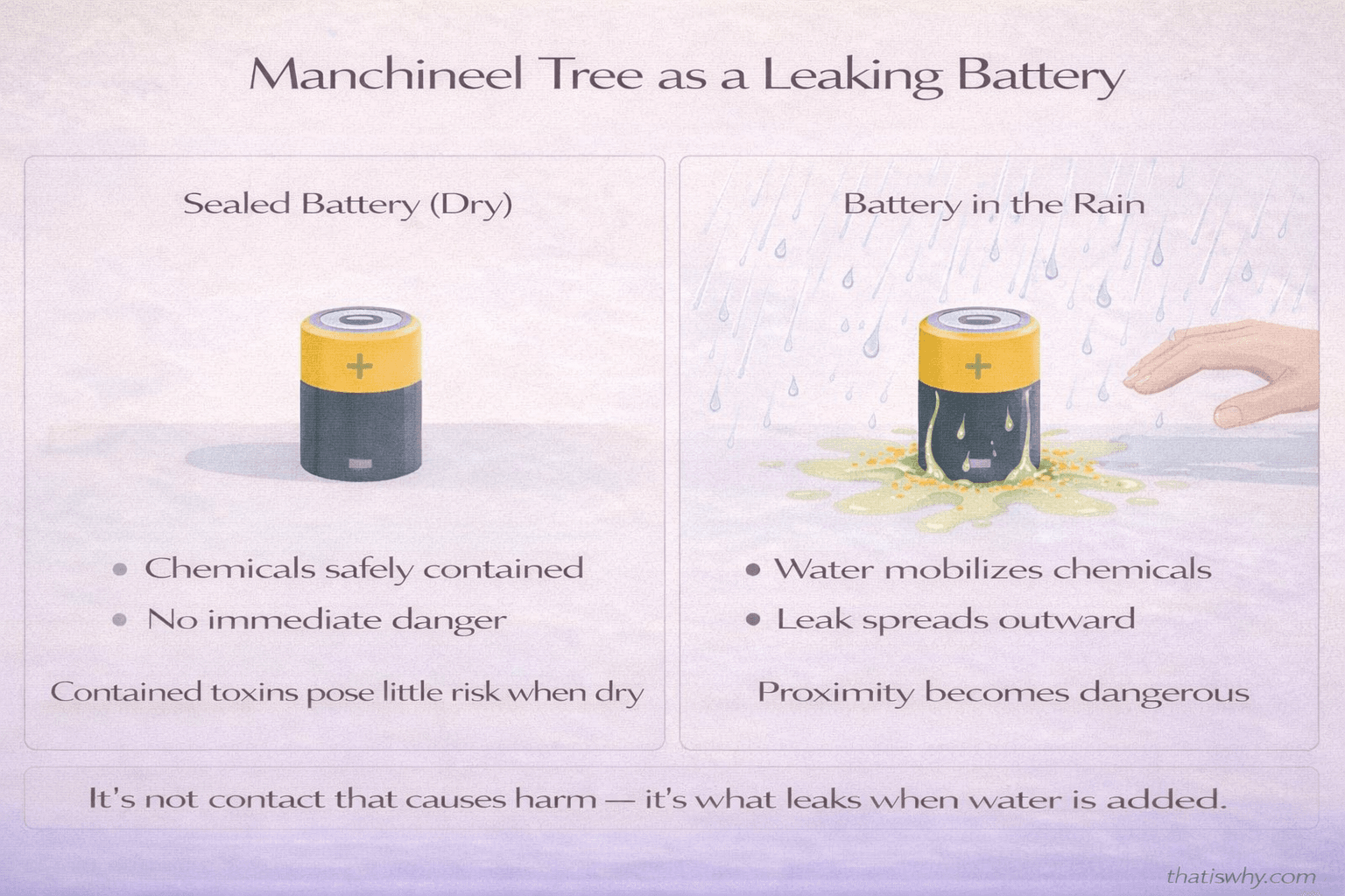 Analogy diagram comparing Manchineel tree danger to a leaking battery activated by rain