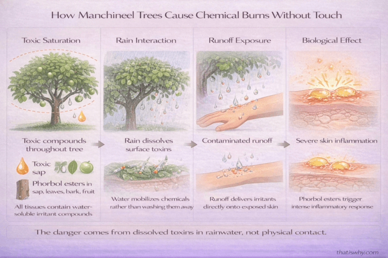 Scientific diagram showing how rain dissolves Manchineel toxins and causes skin burns without touching the tree