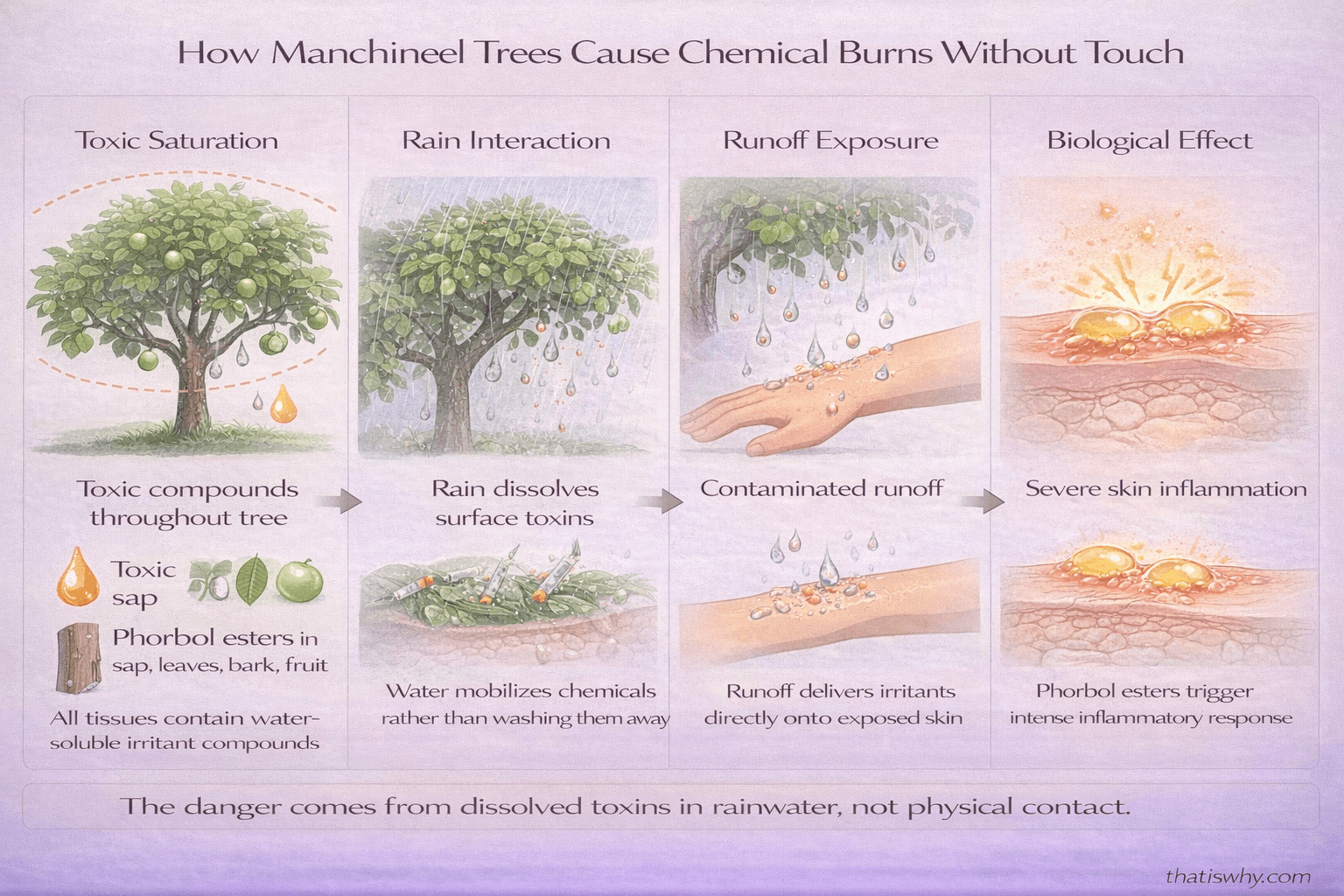 Scientific diagram showing how rain dissolves Manchineel toxins and causes skin burns without touching the tree