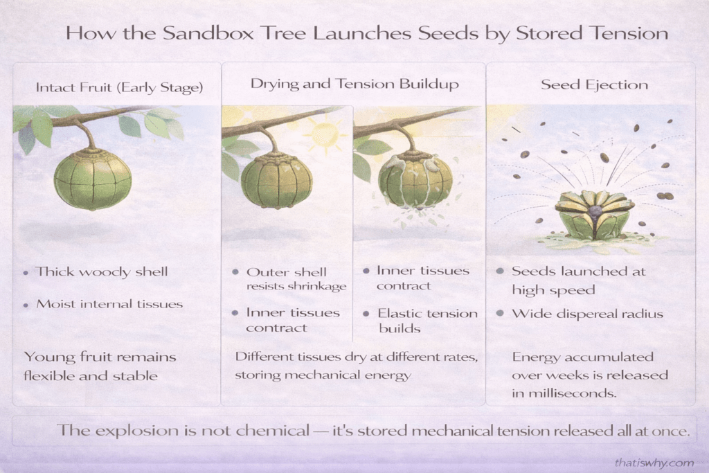 Scientific diagram showing how Sandbox Tree fruit dries, builds tension, and explodes to disperse seeds