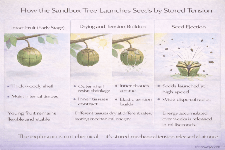 Scientific diagram showing how Sandbox Tree fruit dries, builds tension, and explodes to disperse seeds