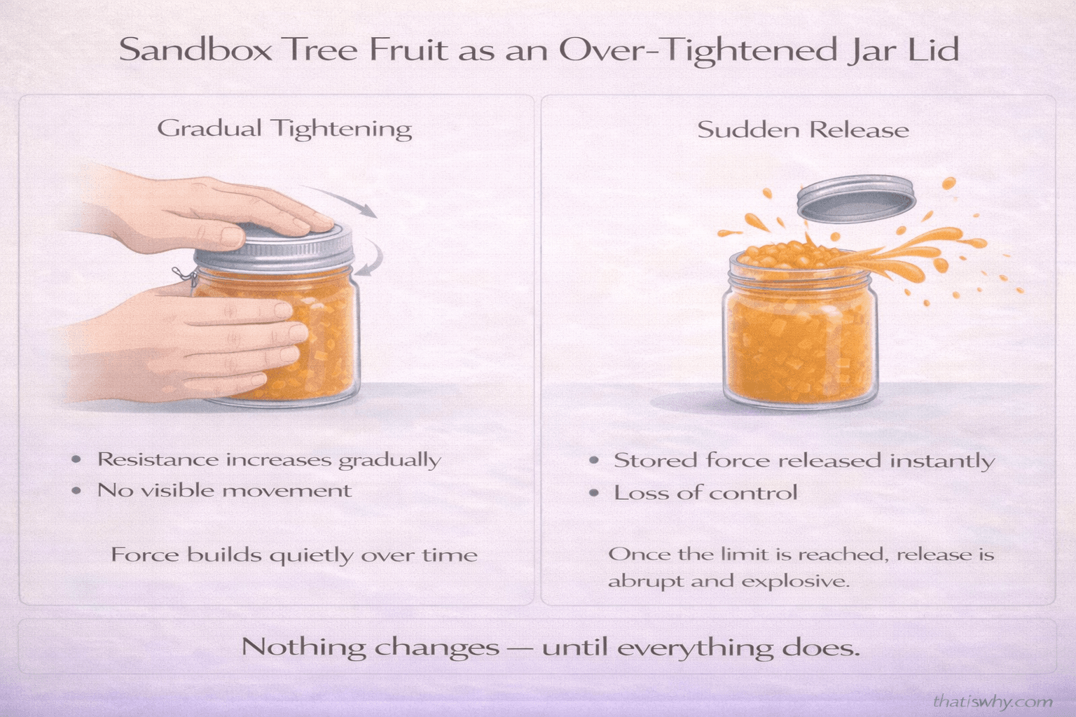 Analogy diagram comparing Sandbox Tree fruit explosion to an over-tightened jar lid releasing suddenly