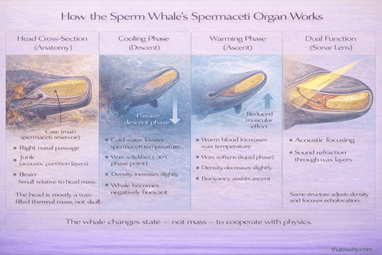 Cross-section diagram of sperm whale head showing spermaceti organ changing density to assist buoyancy and sonar focusing