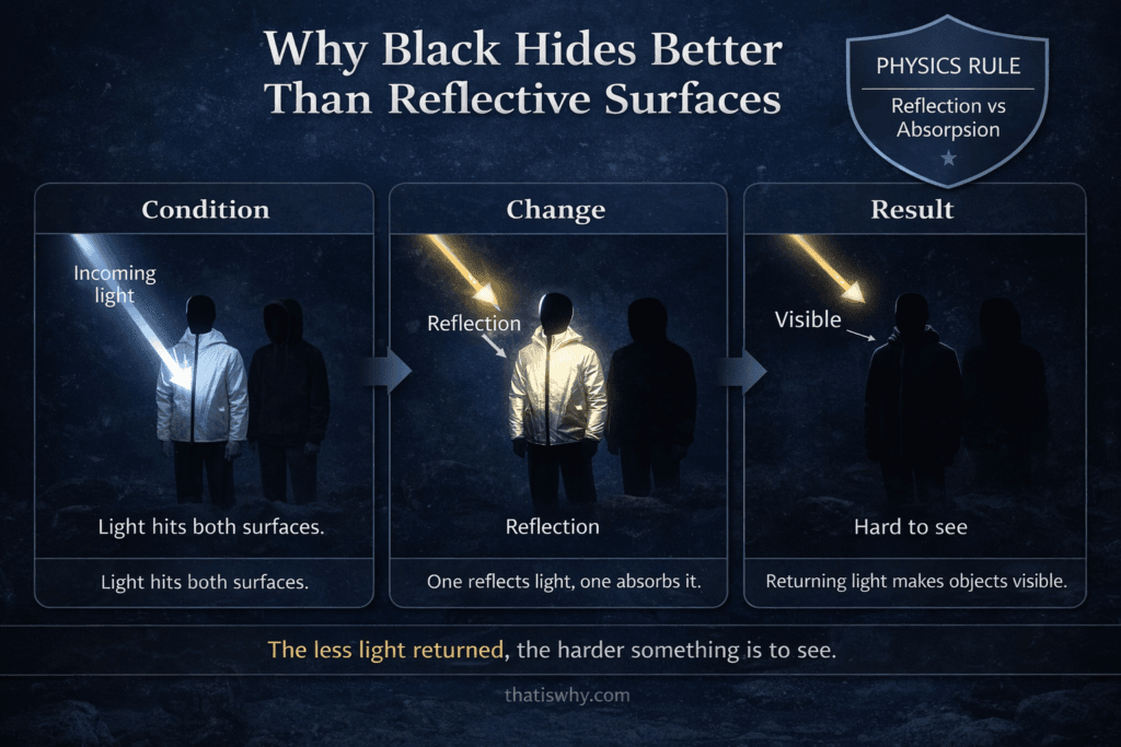 Comparison showing reflective jacket and black hoodie visibility in low light