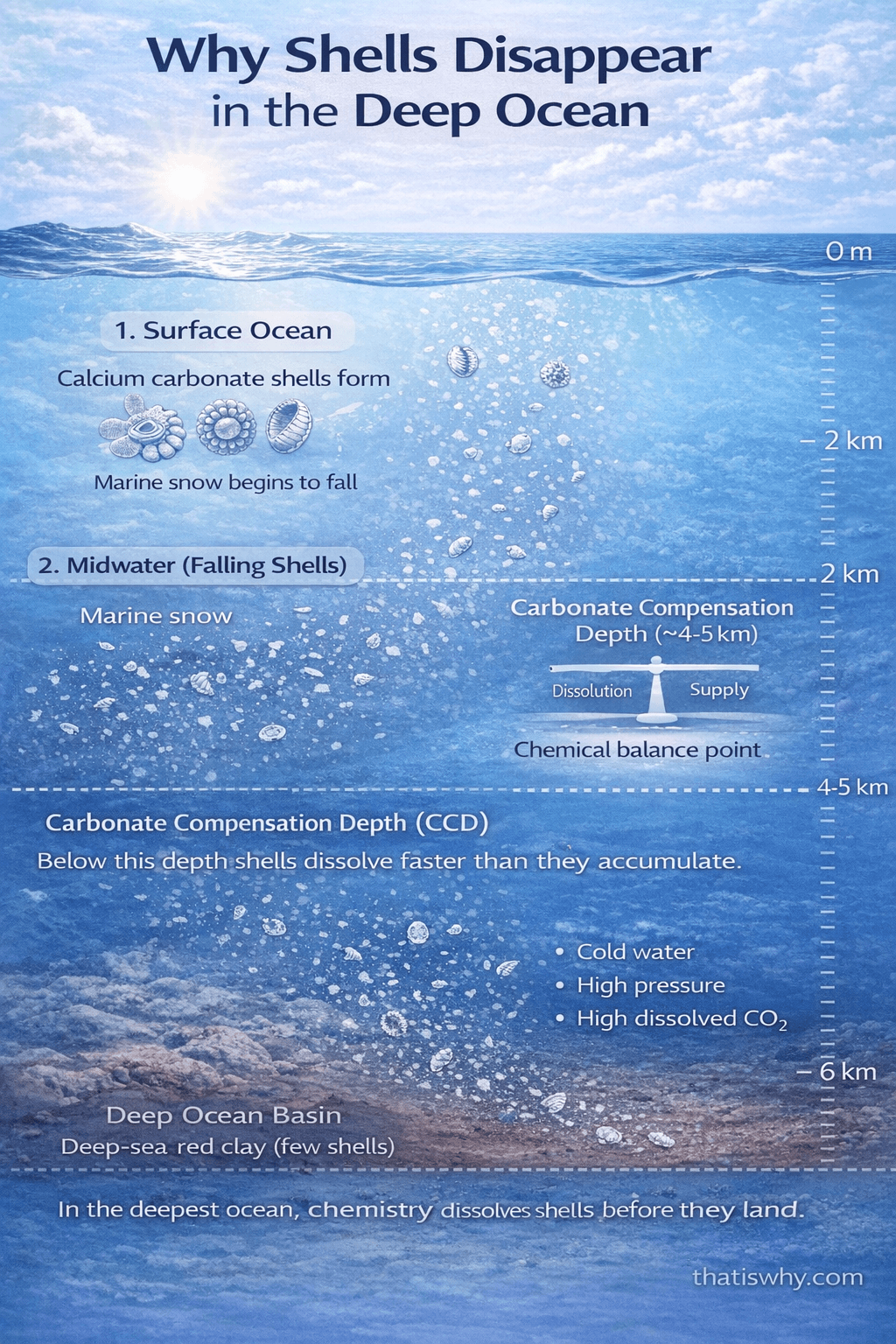 Diagram showing carbonate compensation depth where calcium carbonate shells dissolve in the deep ocean