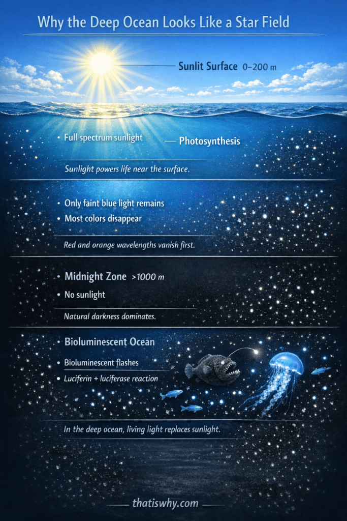 Diagram showing deep ocean zones and bioluminescent organisms creating scattered blue light