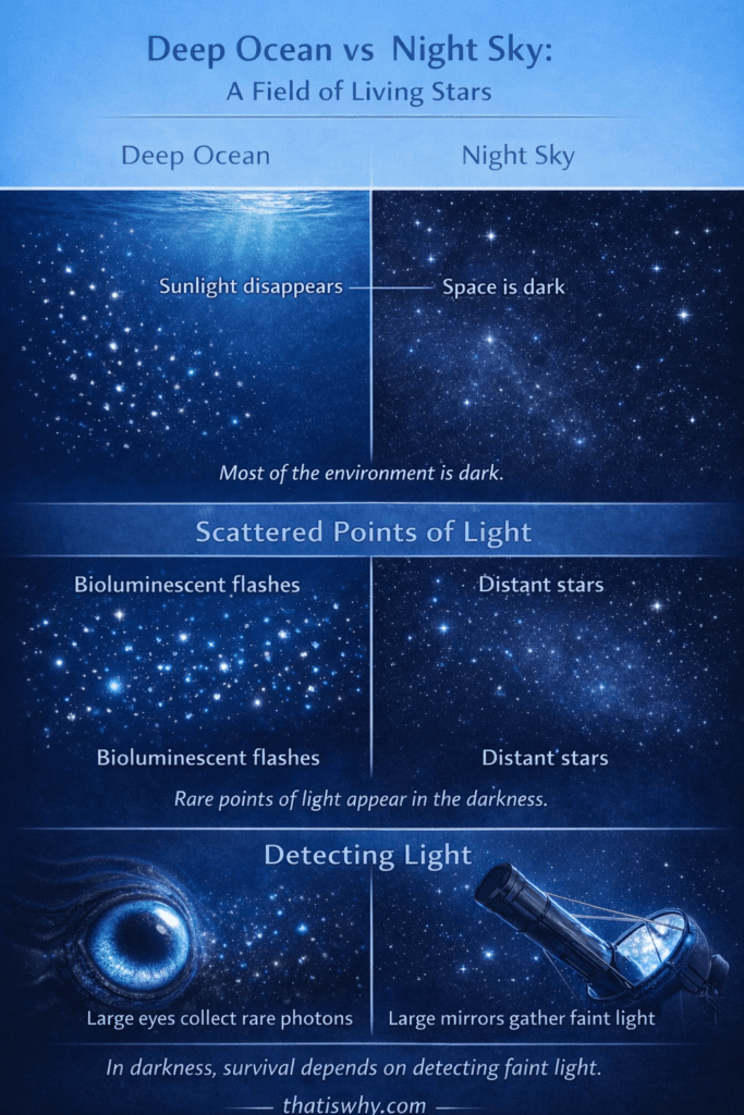 Comparison between bioluminescent deep ocean and stars in the night sky