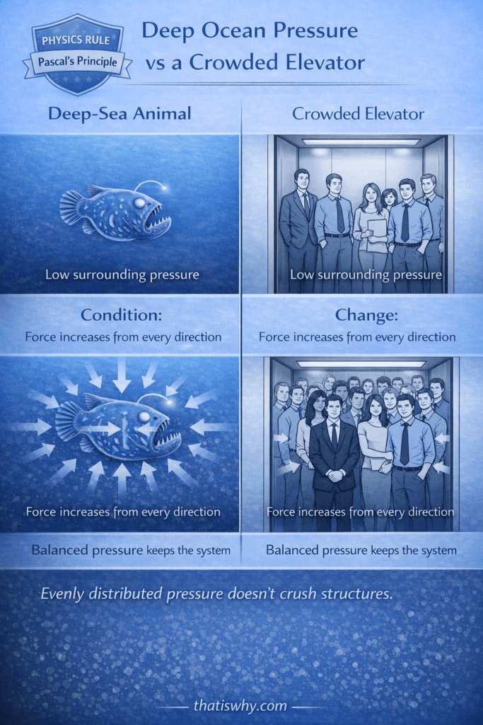 Analogy comparing deep ocean pressure on animals with people packed inside a crowded elevator