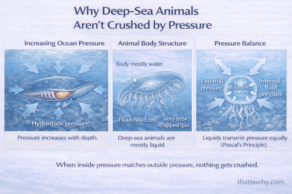 Diagram showing hydrostatic pressure balancing inside and outside deep sea animals