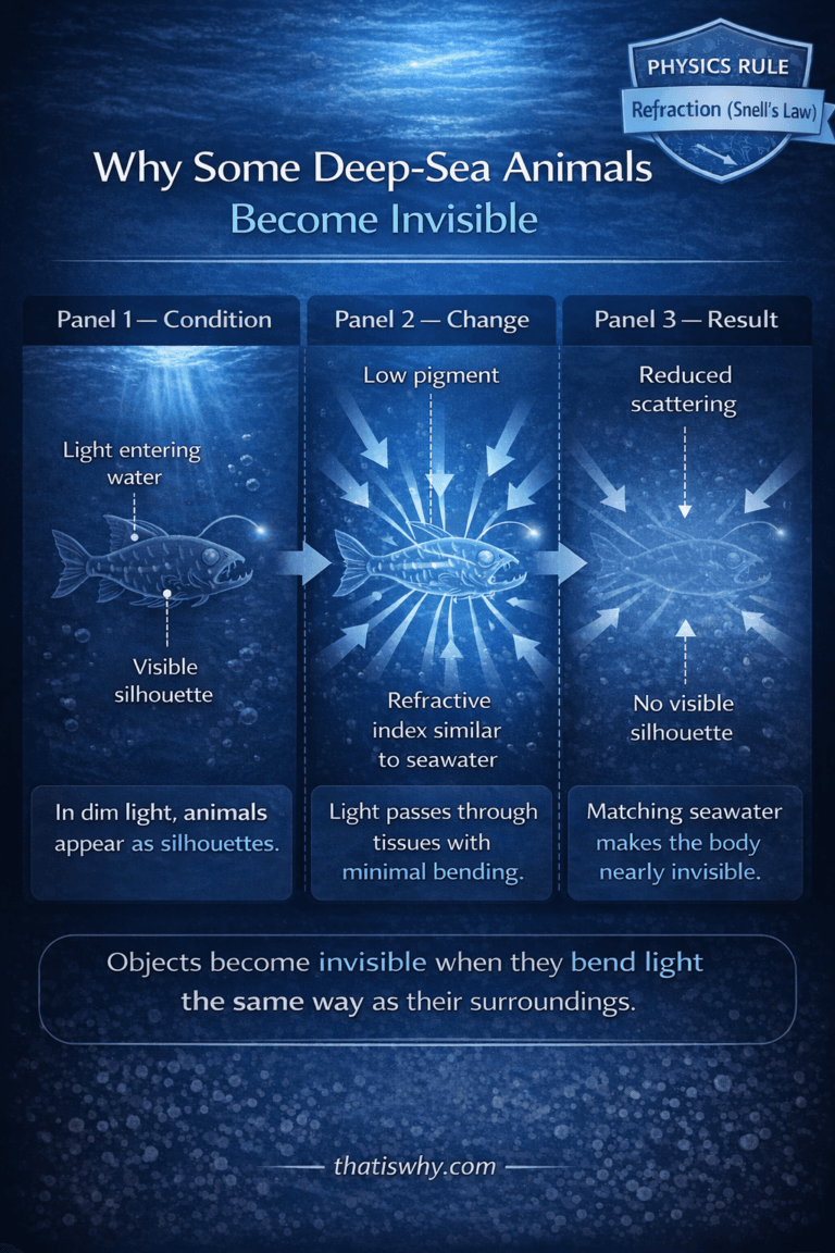 Diagram showing how deep sea animals become transparent by matching the refractive index of seawater