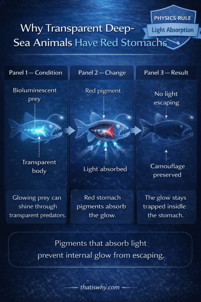 Diagram showing how transparent deep-sea animals use red stomach pigments to absorb bioluminescent light from prey