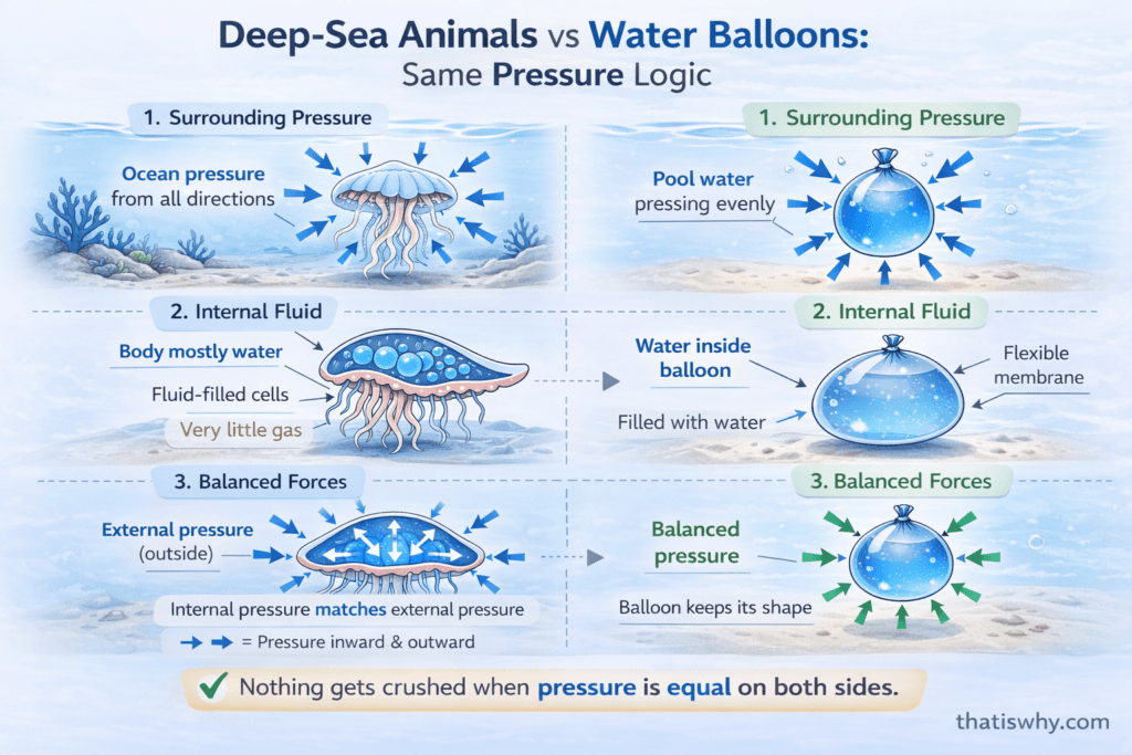 Side-by-side comparison of deep sea animal and water balloon underwater showing balanced pressure