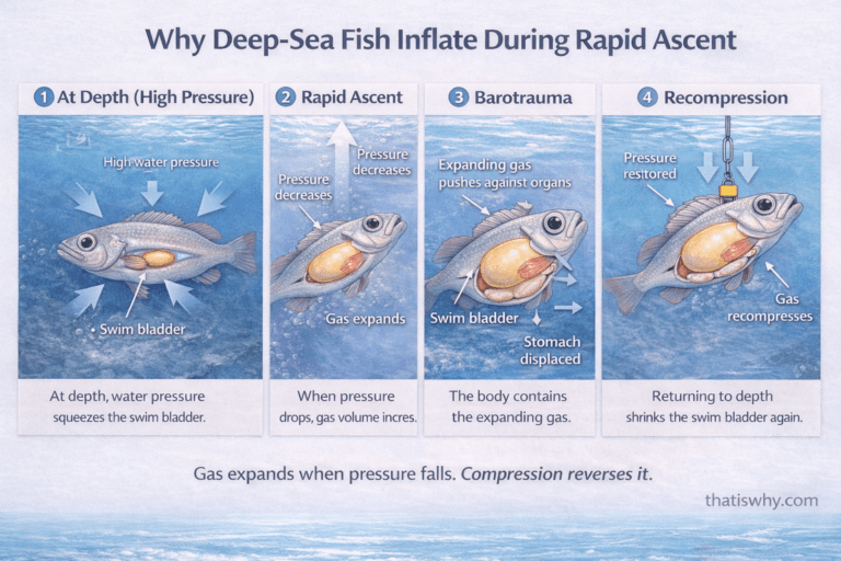Diagram showing swim bladder expansion in deep-sea fish during rapid ascent due to pressure drop