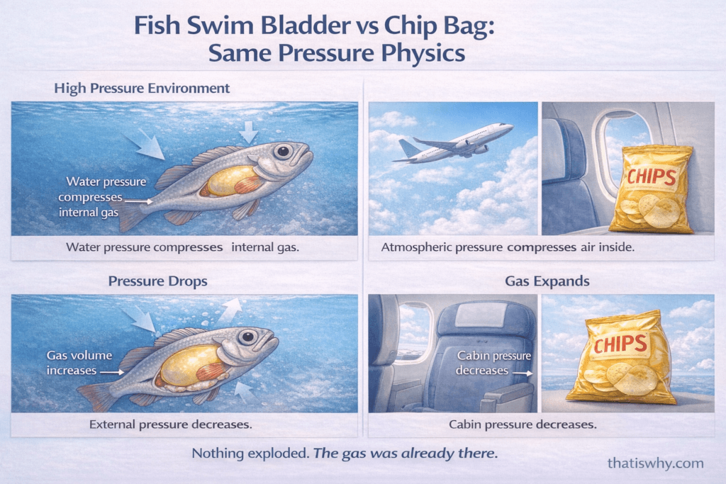 Side-by-side comparison of expanding fish swim bladder and puffed chip bag at altitude