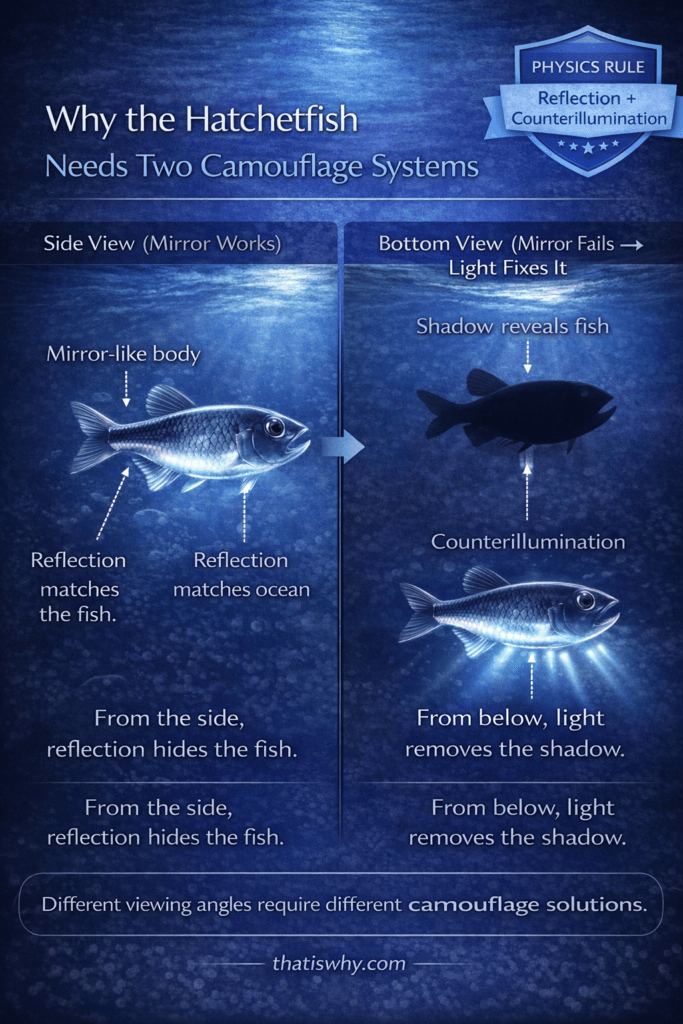 Split diagram showing hatchetfish reflection camouflage from the side and counterillumination from below