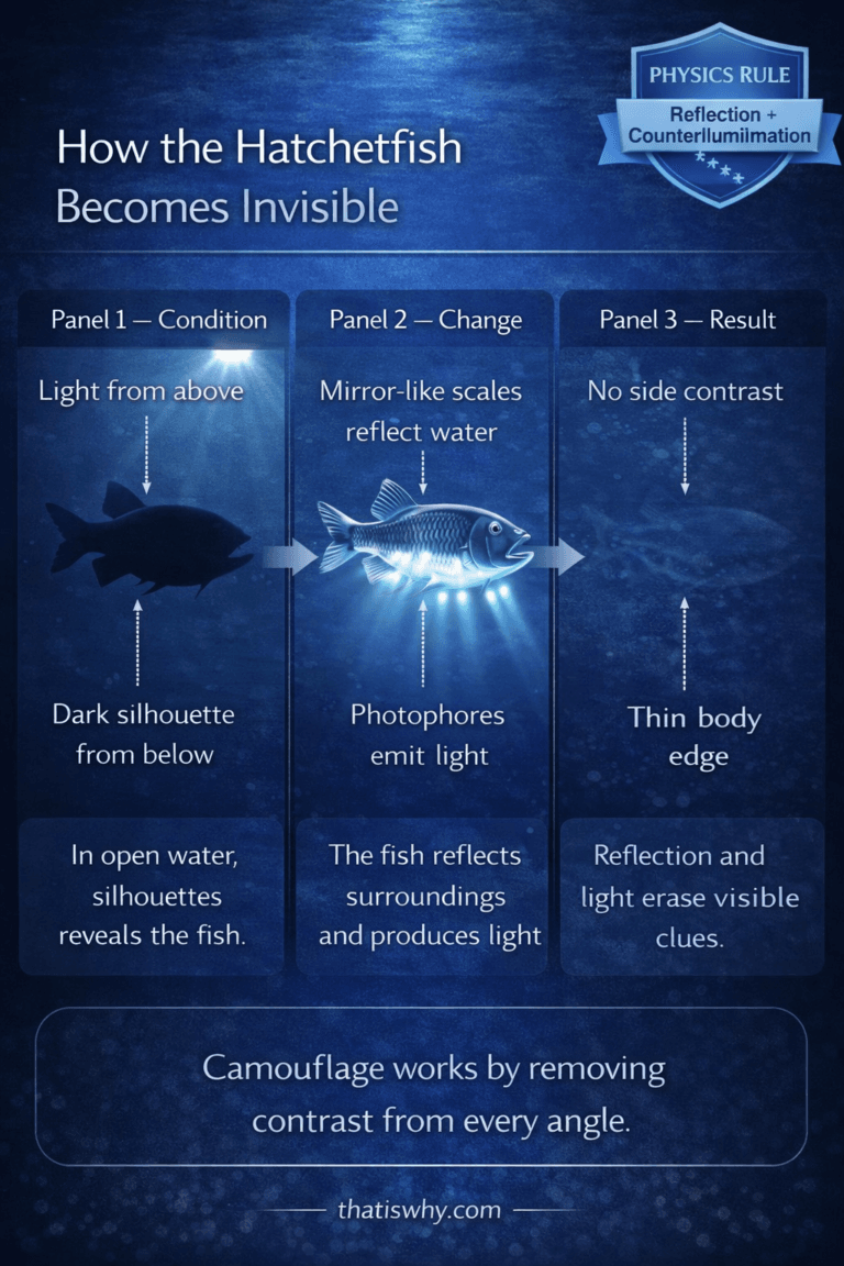 Diagram showing hatchetfish mirror-like body and counterillumination to hide in deep ocean