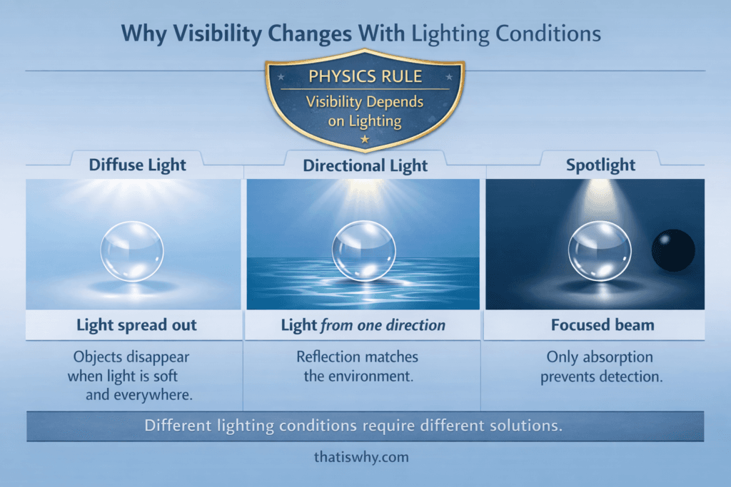 Diagram comparing diffuse light directional light and spotlight visibility effects
