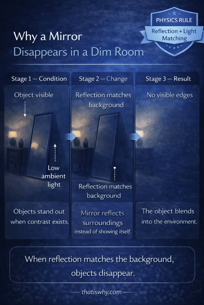 Mirror blending into surroundings by reflecting background in dim light