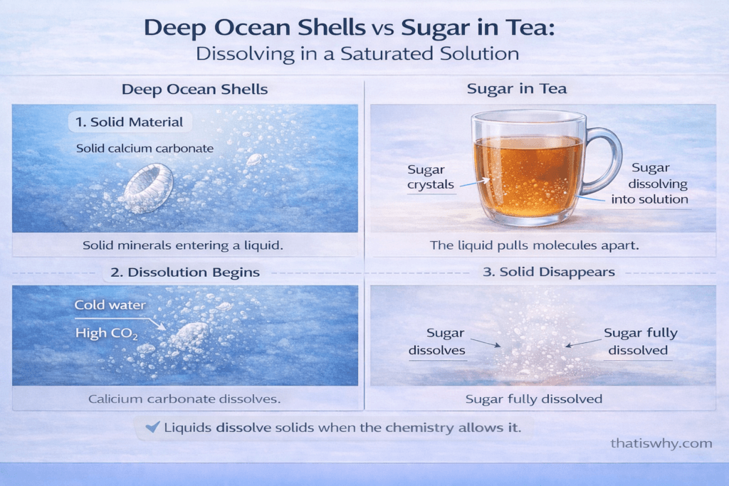 Side-by-side comparison of calcium carbonate shell dissolving in deep ocean and sugar dissolving in tea
