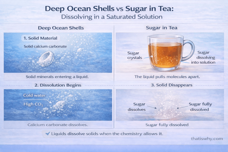 Side-by-side comparison of calcium carbonate shell dissolving in deep ocean and sugar dissolving in tea