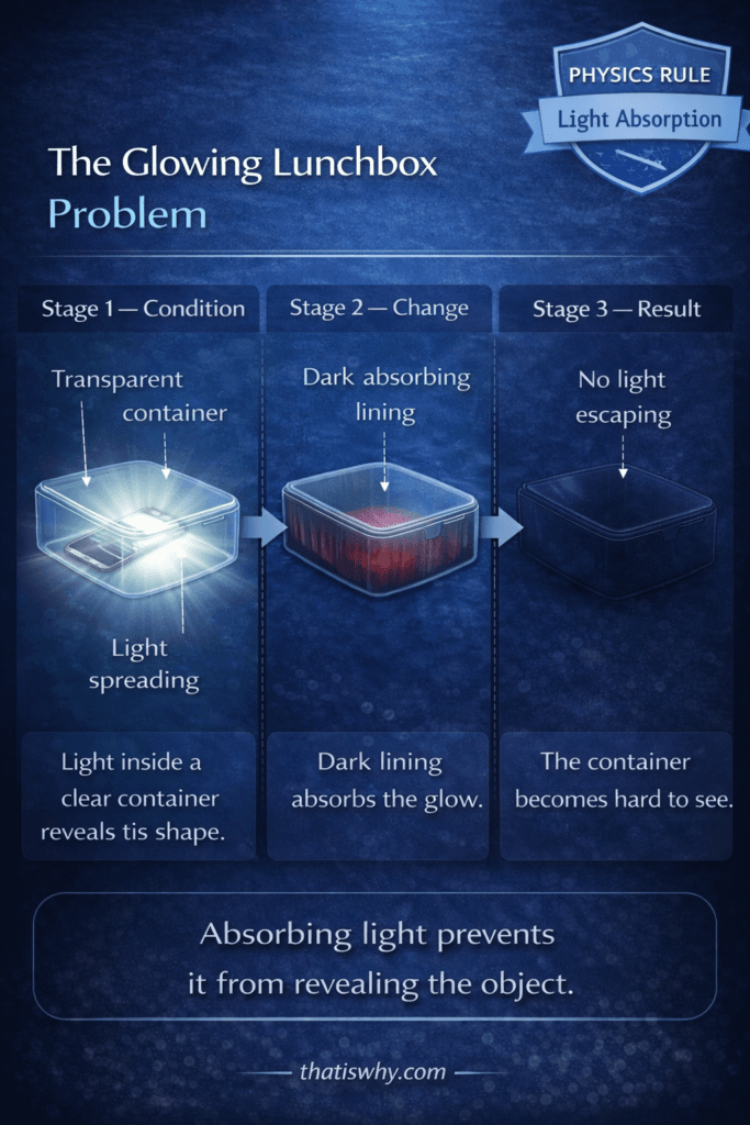 Analogy showing flashlight inside a clear lunchbox explaining why transparent deep-sea animals have red stomachs