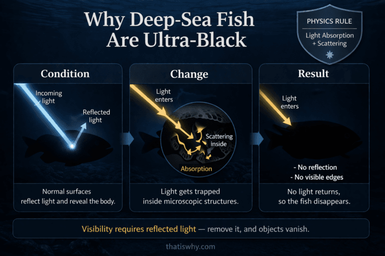 Diagram showing deep-sea fish absorbing light with ultra-black skin to avoid reflection