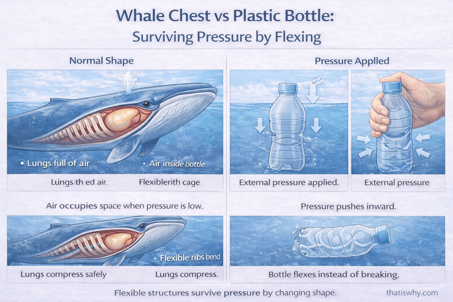 Side-by-side diagram comparing whale rib cage compression to a plastic bottle denting under pressure