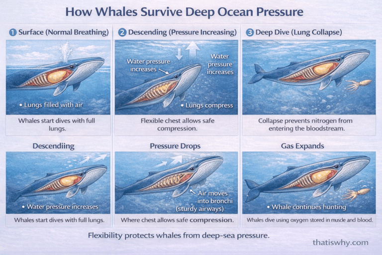 Diagram showing whale rib cage compression and lung collapse during deep ocean dives