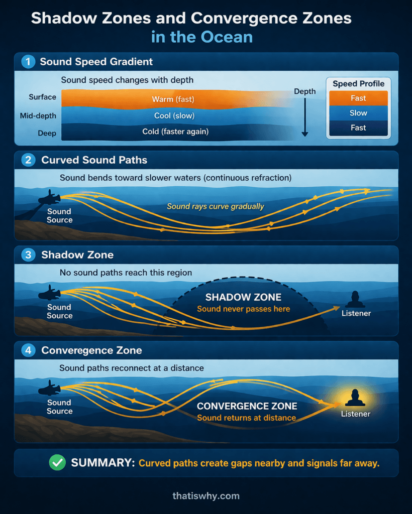 Scientific diagram showing how curved sound paths in layered ocean water create shadow zones and convergence zones