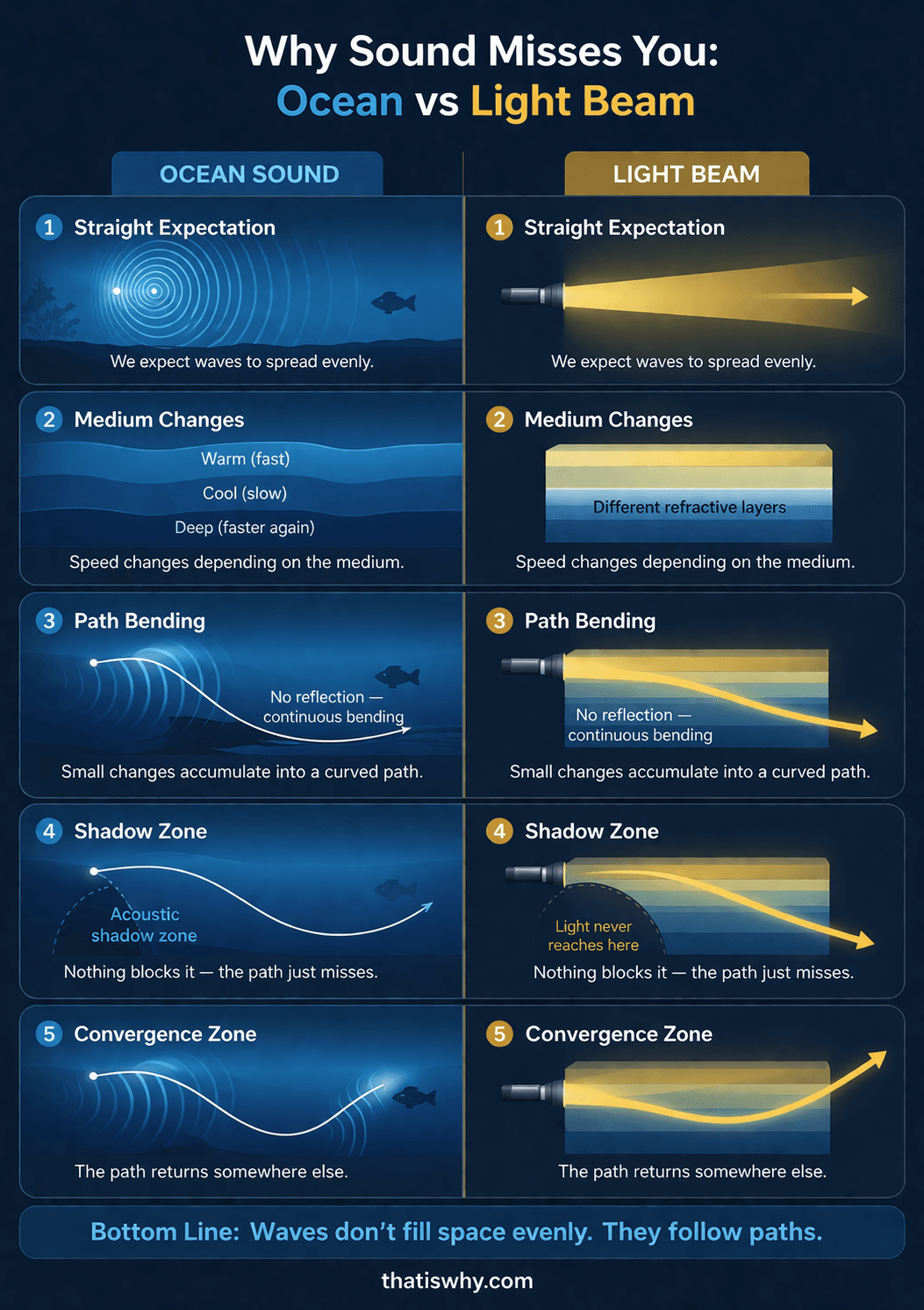Split diagram showing sound bending in ocean and light beam bending in water creating shadow zones
