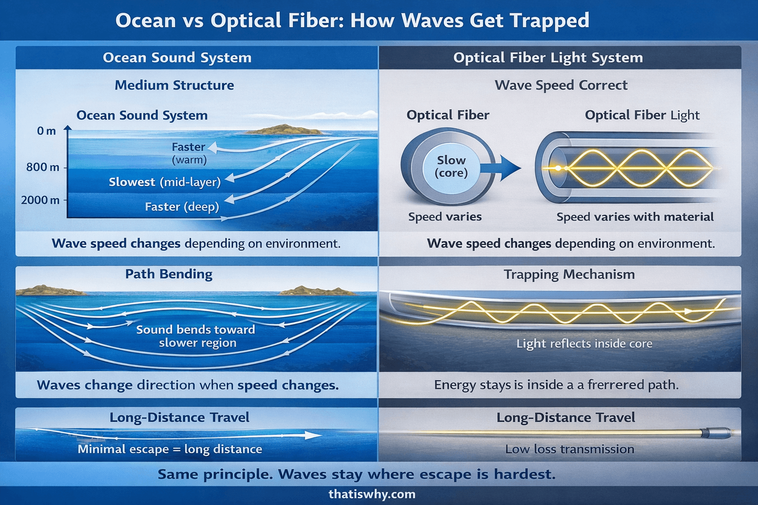 Split diagram comparing ocean sound trapping with optical fiber light transmission
