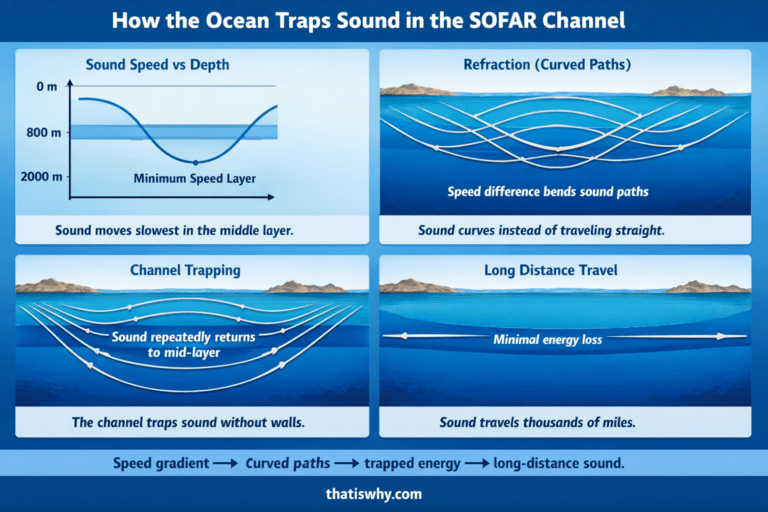 Diagram showing sound bending and being trapped in the ocean SOFAR channel due to speed differences